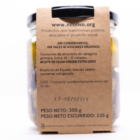 Corazones de alcachofa asada a la leña de olivo en AOVE (9 uds x 305 g) | Producto solidario